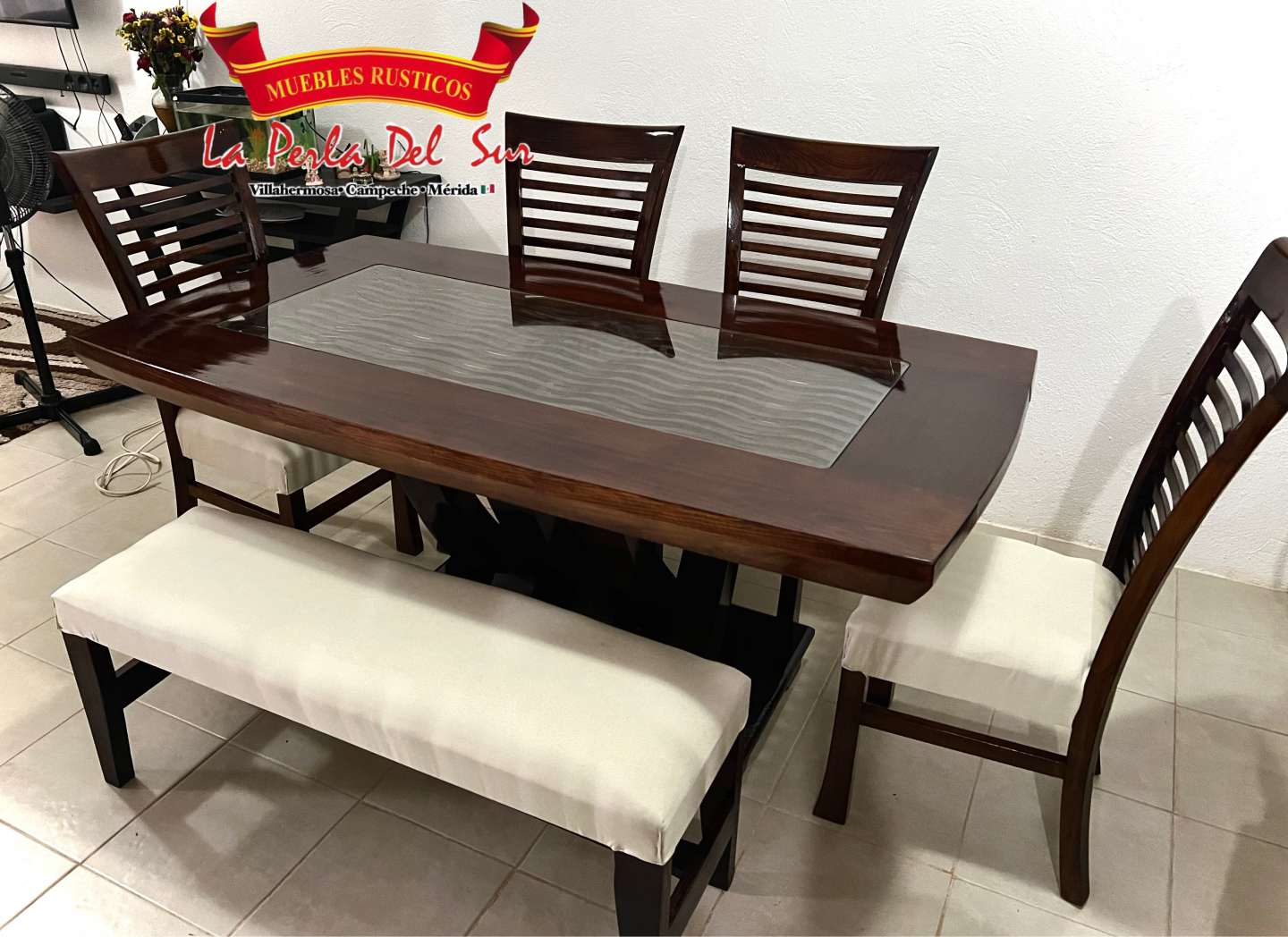COMEDOR DE 6 SILLAS, MESA CUBO R. COSTILLA “BARNIZADO NOGAL” - Imagen 2
