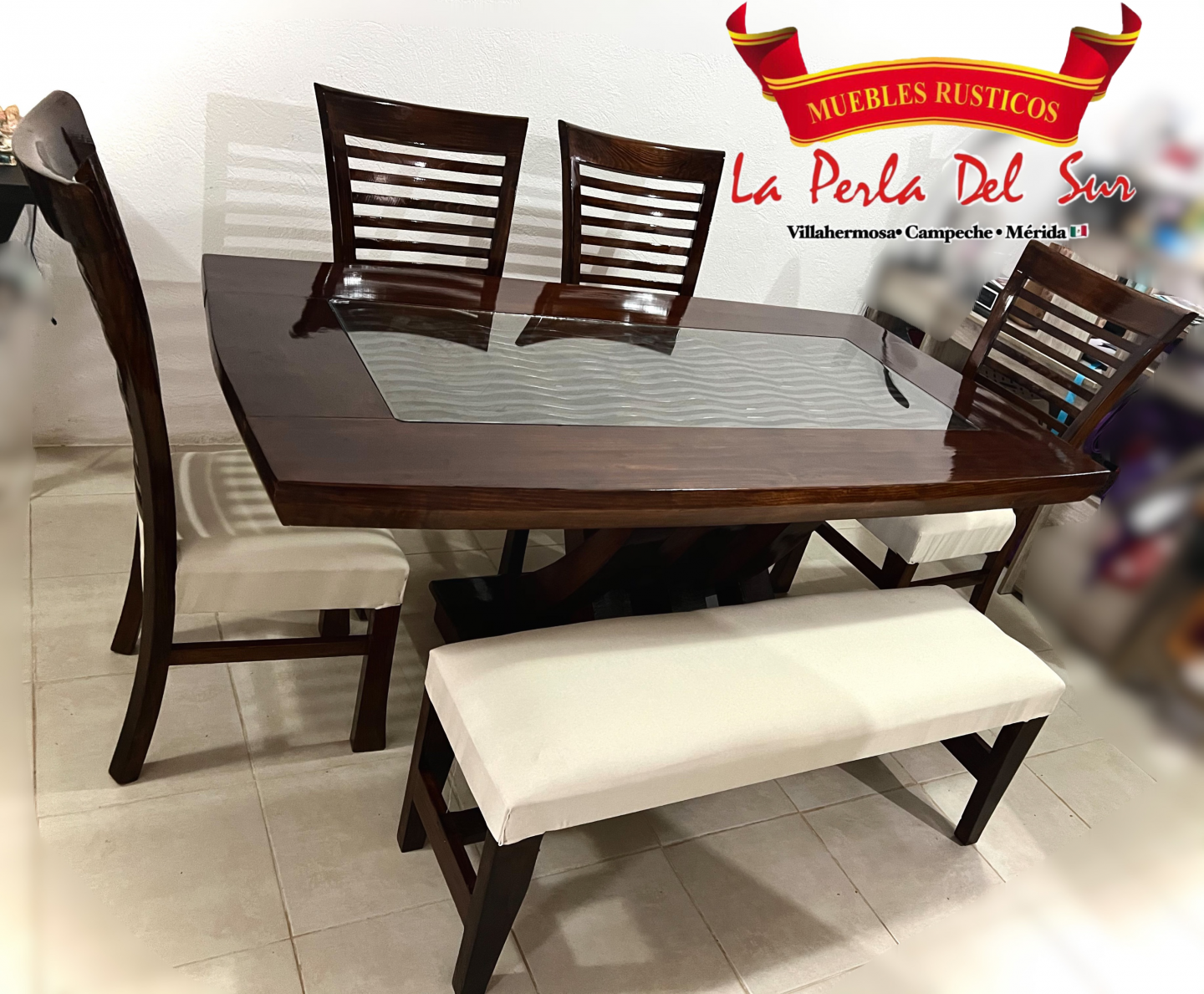 COMEDOR DE 6 SILLAS, MESA CUBO R. COSTILLA “BARNIZADO NOGAL”