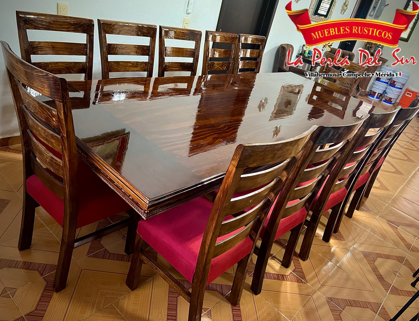 COMEDOR 12 SILLAS, MESA CUBO REFORZADO BARNIZADO NOGAL CLÁSICO - Imagen 2