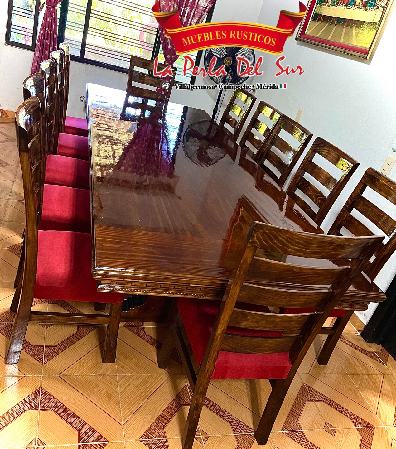 COMEDOR 12 SILLAS, MESA CUBO REFORZADO BARNIZADO NOGAL CLÁSICO - Imagen 3