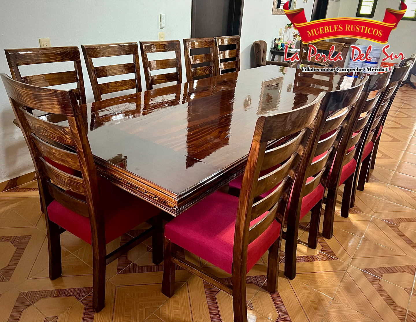 COMEDOR 12 SILLAS, MESA CUBO REFORZADO BARNIZADO NOGAL CLÁSICO - Imagen 4