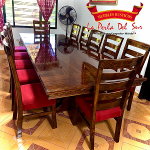 COMEDOR 12 SILLAS, MESA CUBO REFORZADO BARNIZADO NOGAL CLÁSICO