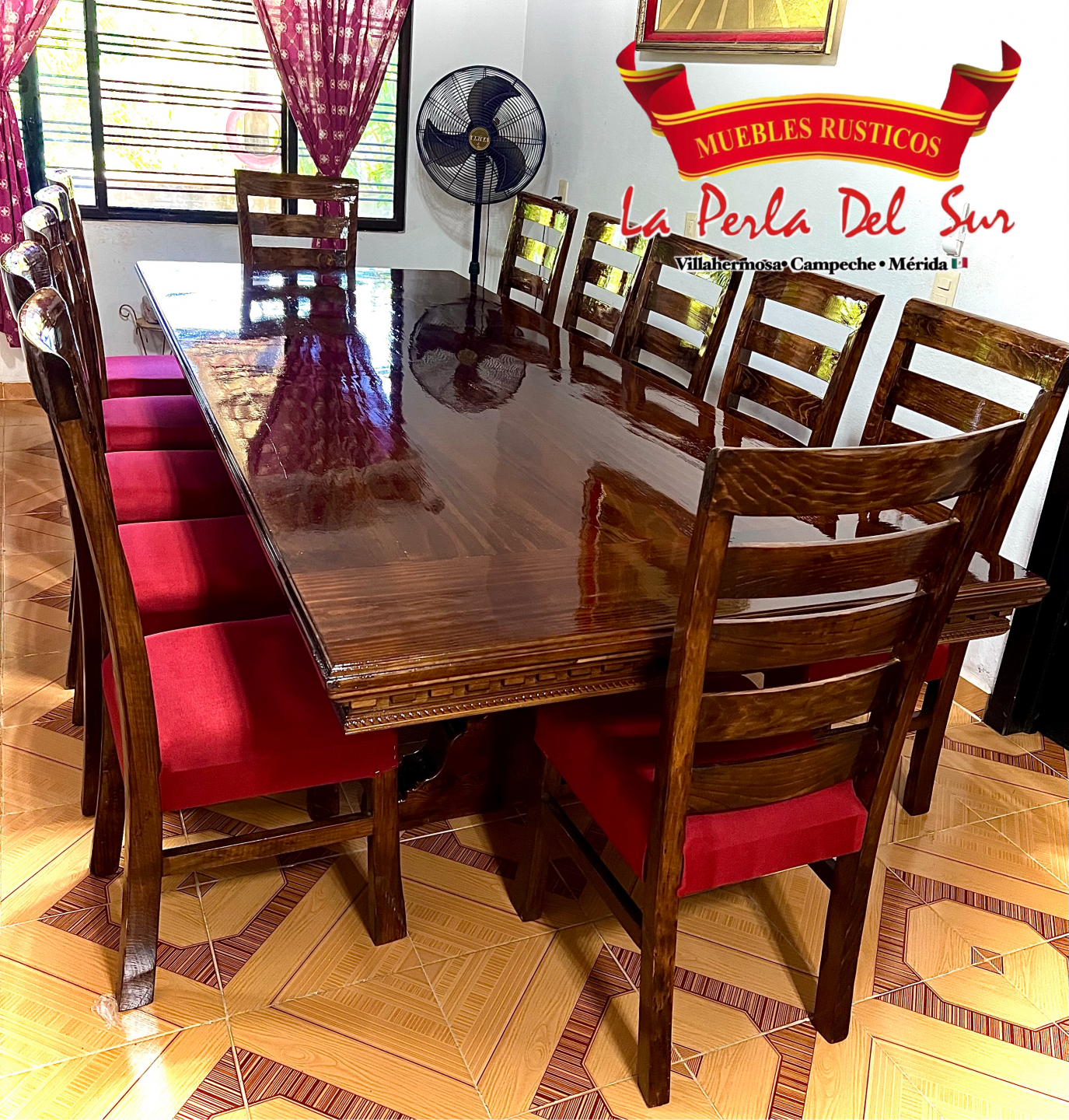 COMEDOR 12 SILLAS, MESA CUBO REFORZADO BARNIZADO NOGAL CLÁSICO