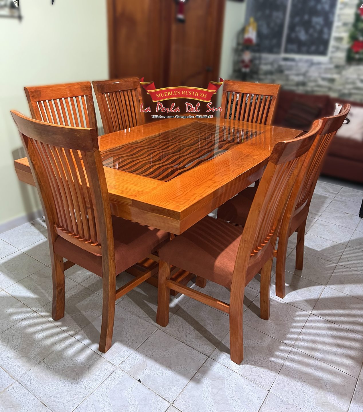 COMEDOR DE 6 SILLAS , CUBO R. COSTILLA BARNIZ COLOR CEDRO